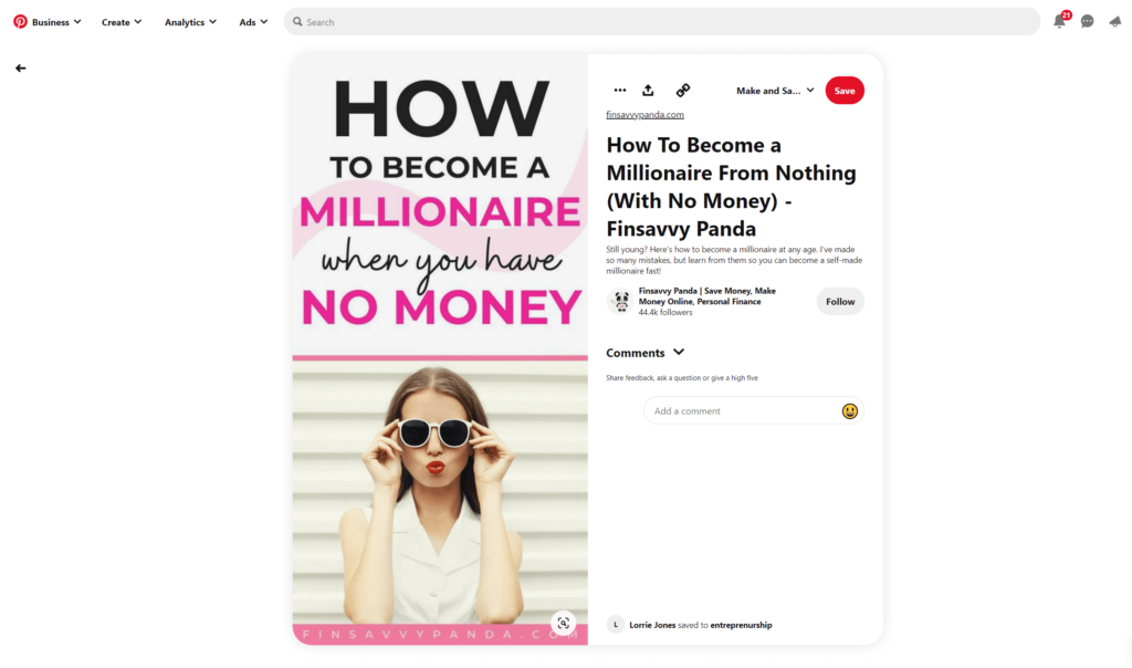 how to get traffic from Pinterest - millionaire pin example